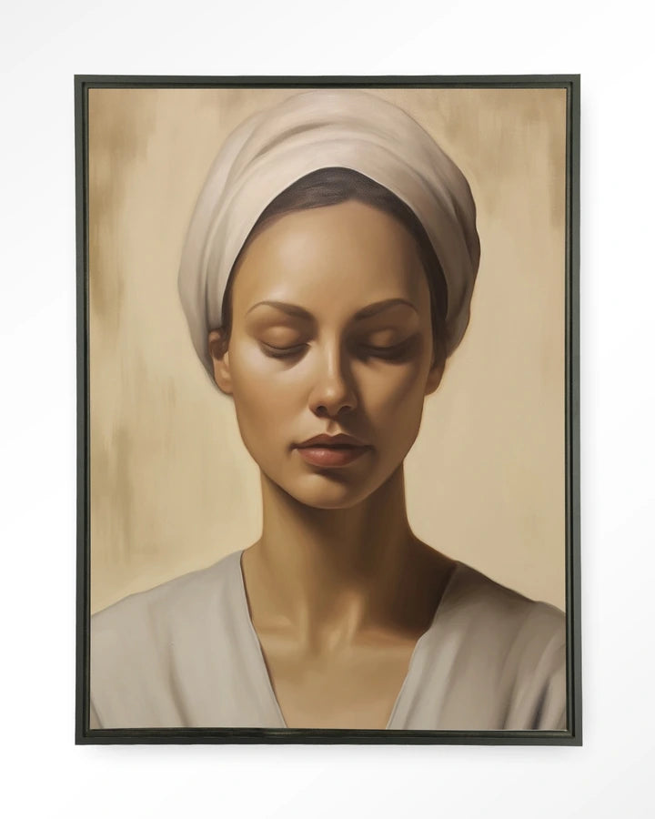 Kunsttrykk på syrefritt papir, lerret og glass. Portrett av kvinne med skaut og lukkede øyne. Jordtoner, fredfult uttrykk.