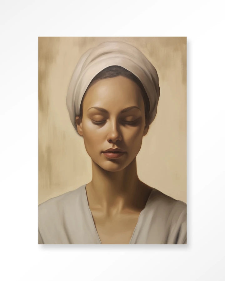 Kunsttrykk på syrefritt papir, lerret og glass. Portrett av kvinne med skaut og lukkede øyne. Jordtoner, fredfult uttrykk.