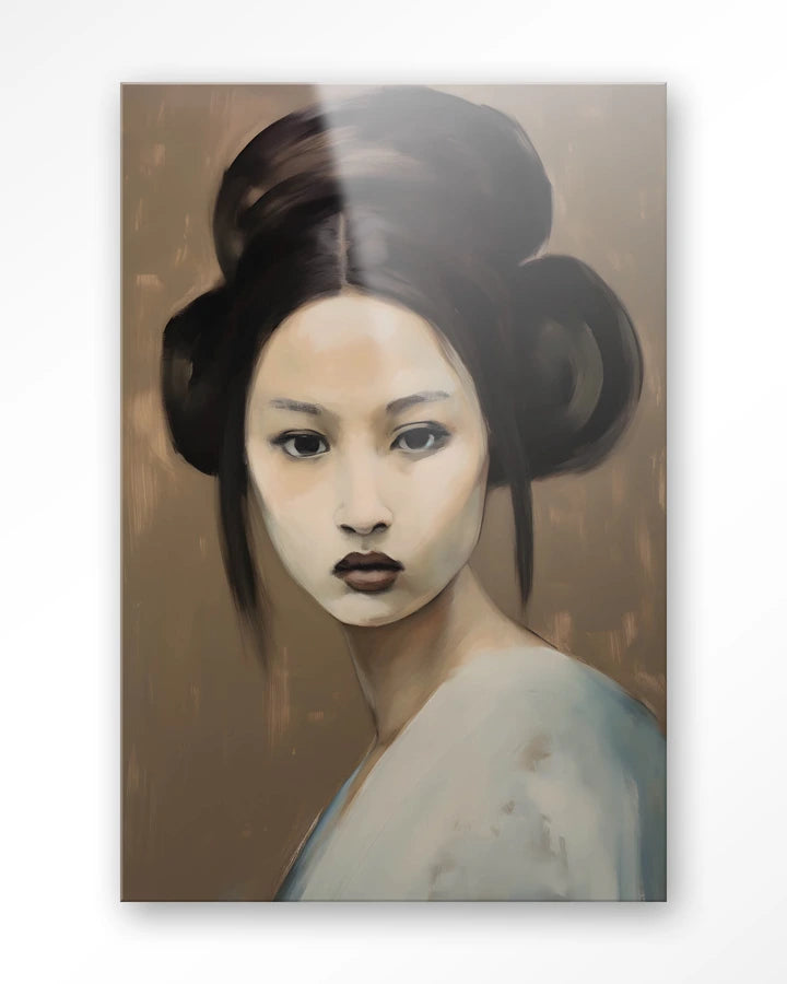 Kunsttrykk på syrefritt papir, lerret og glass. Portrett av kvinne med blikket festet på tilskueren. Jordtoner.