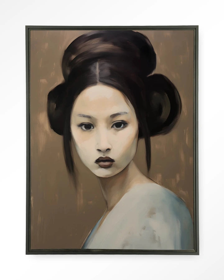 Kunsttrykk på syrefritt papir, lerret og glass. Portrett av kvinne med blikket festet på tilskueren. Jordtoner.