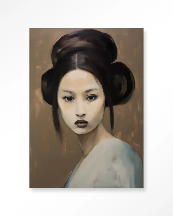 Kunsttrykk på syrefritt papir, lerret og glass. Portrett av kvinne med blikket festet på tilskueren. Jordtoner.