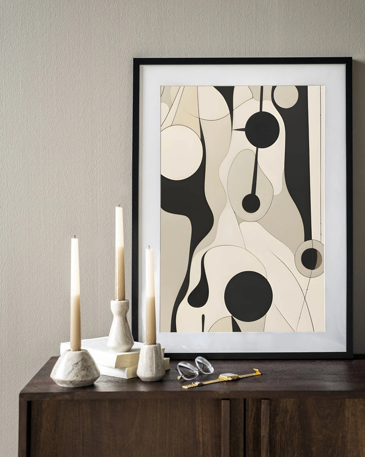 Kunsttrykk på syrefritt papir. Abstrakt bildemotiv i sandfarger, beige  og svart.