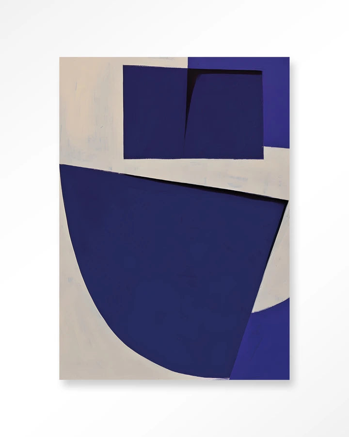 Kunsttrykk på syrefritt papir. Abstrakt bildemotiv med store, blå geometriske flater mot beige bakgrunn.