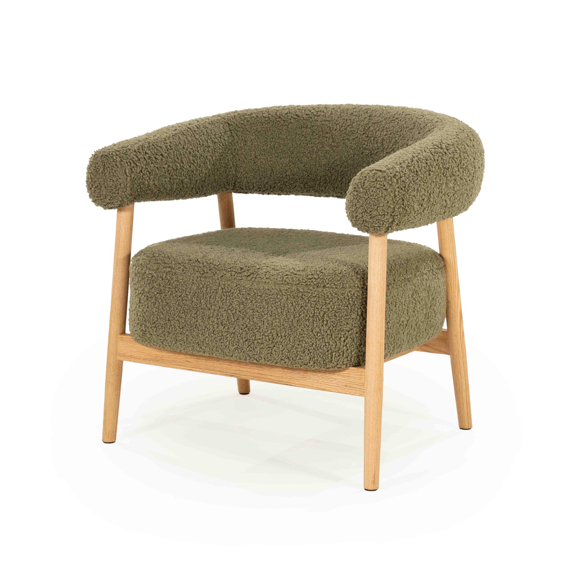Lenestol med grønt teddystoff og lyse eikeben