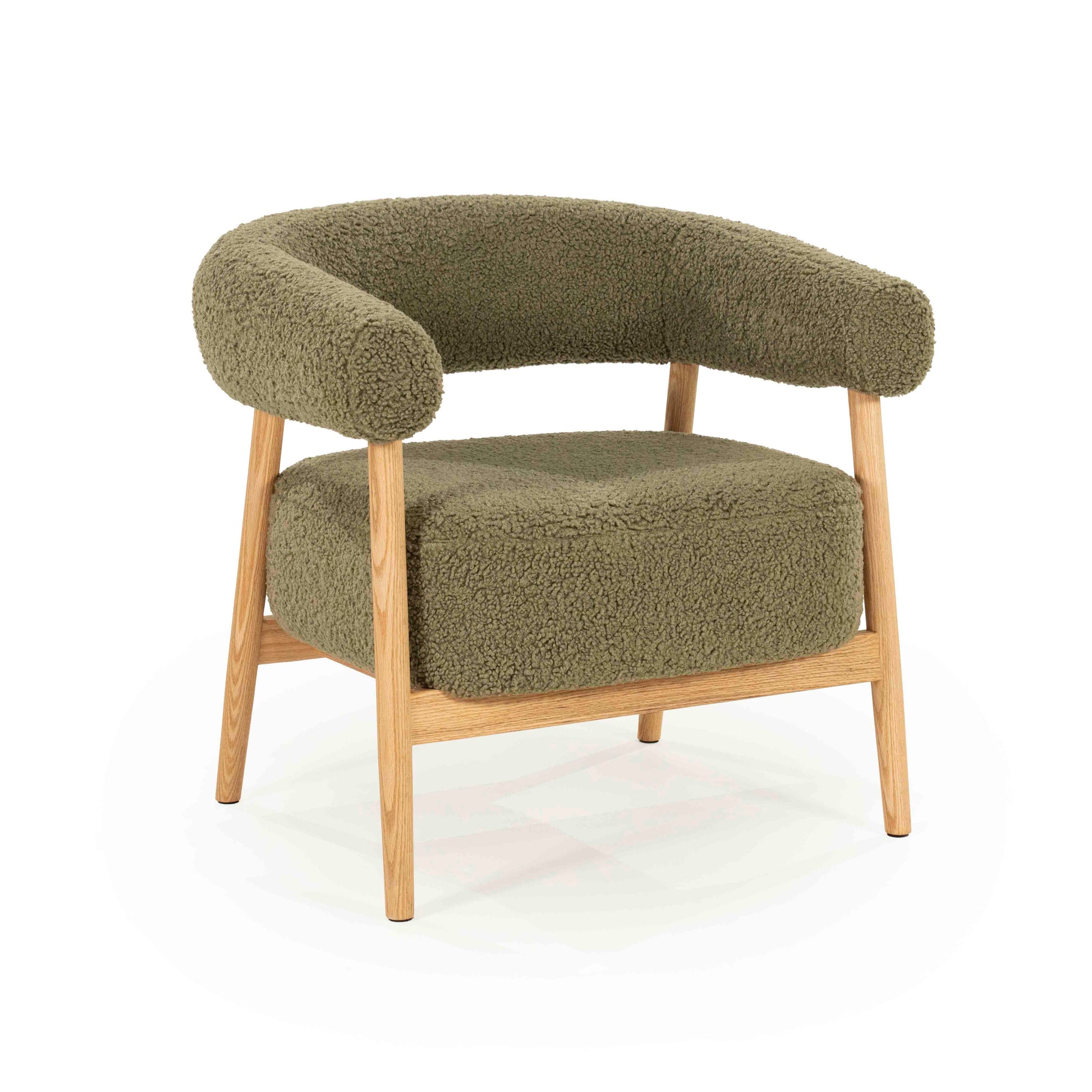 Lenestol med grønt teddystoff og lyse eikeben