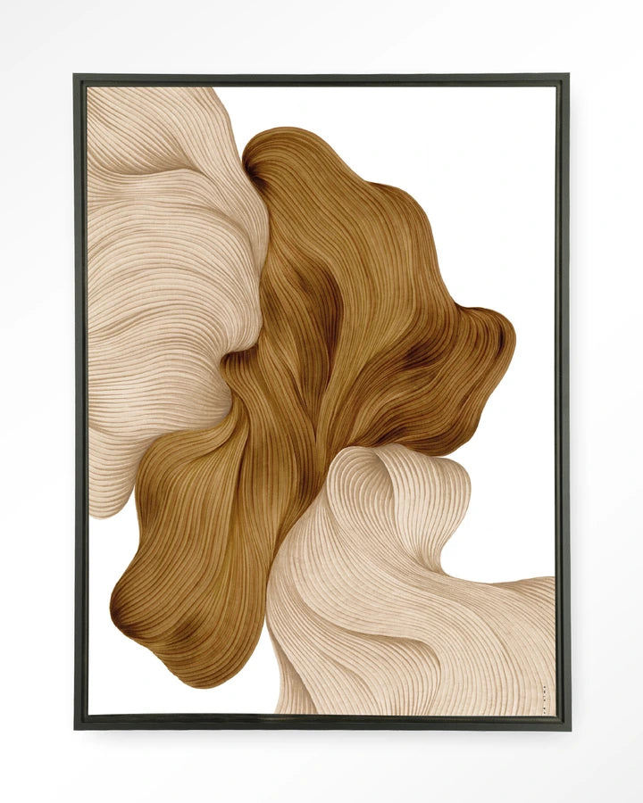 Abstrakt bilekunst i brune og beige jordtoner. Kunsttrykk på syrefritt papir, lerret og glass. 