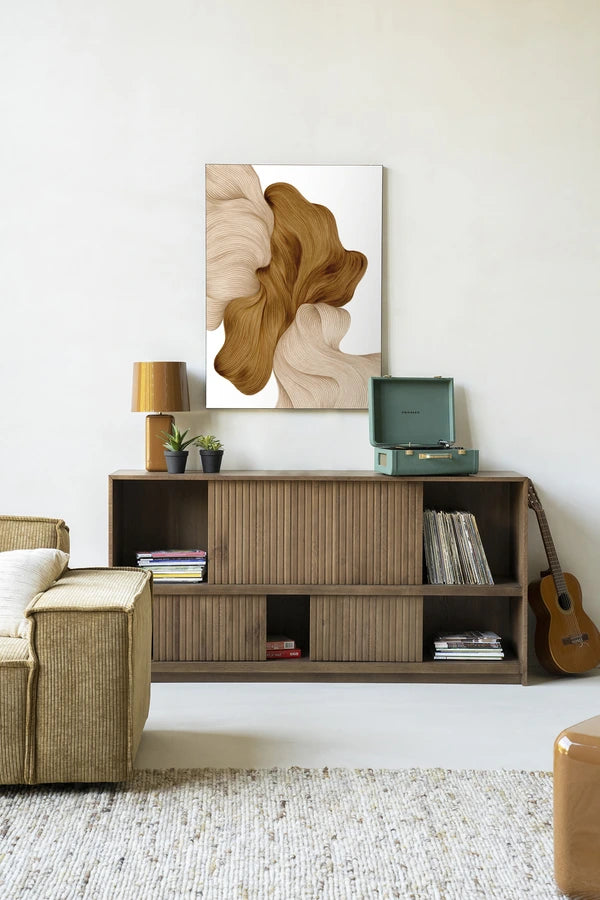 Abstrakt bilekunst i brune og beige jordtoner. Kunsttrykk på syrefritt papir, lerret og glass. 