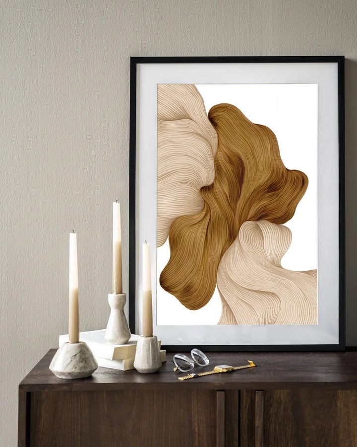 Abstrakt bilekunst i brune og beige jordtoner. Kunsttrykk på syrefritt papir, lerret og glass. 