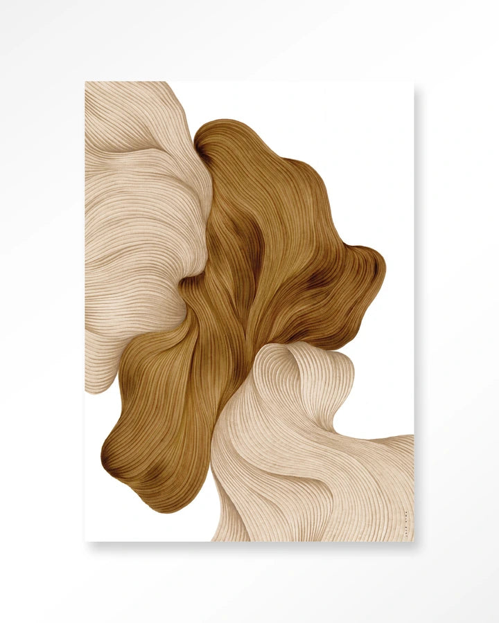 Abstrakt bilekunst i brune og beige jordtoner. Kunsttrykk på syrefritt papir, lerret og glass. 