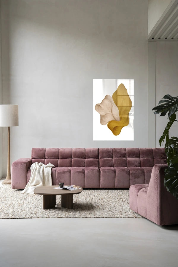 Abstrakt bilekunst i sennepsfarger og beige jordtoner. Kunsttrykk på syrefritt papir, lerret og glass. 