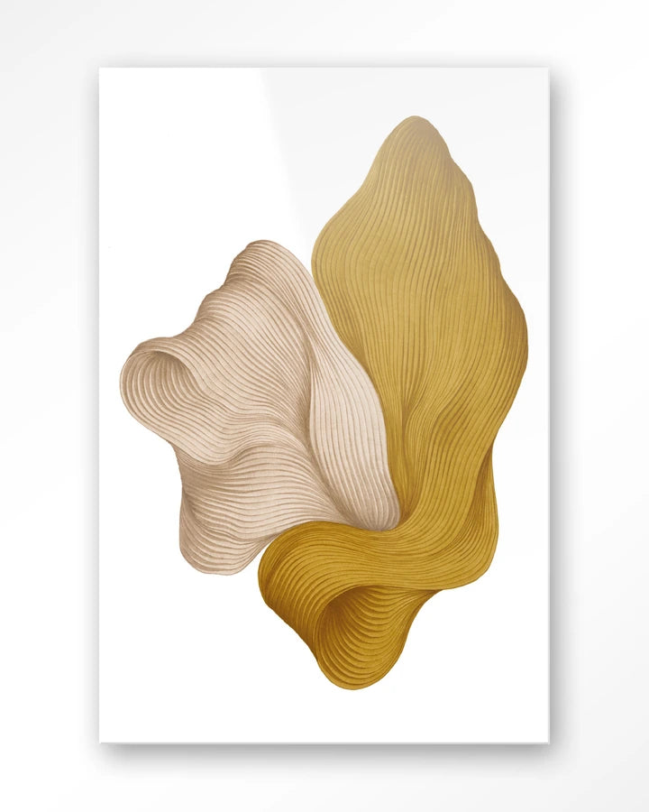 Abstrakt bilekunst i sennepsfarger og beige jordtoner. Kunsttrykk på syrefritt papir, lerret og glass. 