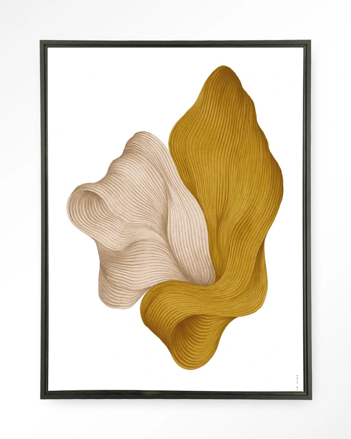 Abstrakt bilekunst i sennepsfarger og beige jordtoner. Kunsttrykk på syrefritt papir, lerret og glass. 