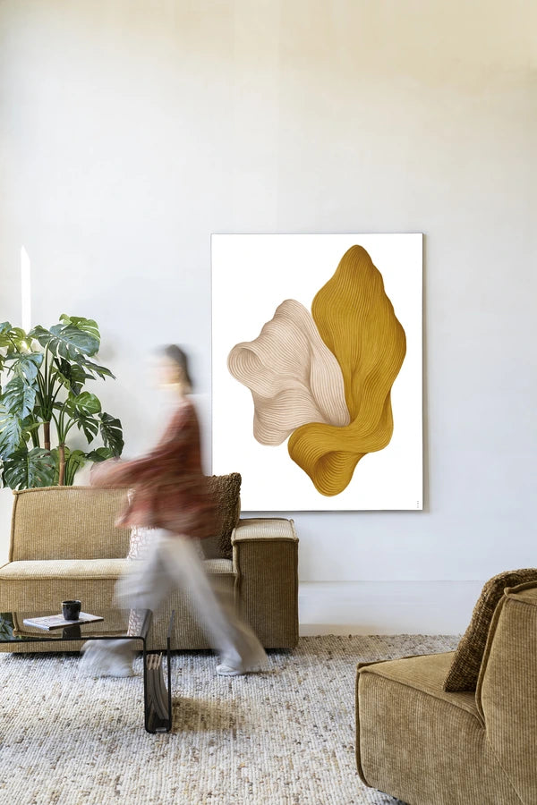 Abstrakt bilekunst i sennepsfarger og beige jordtoner. Kunsttrykk på syrefritt papir, lerret og glass. 