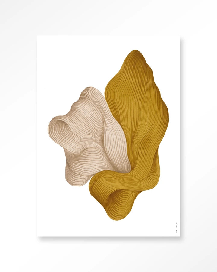 Abstrakt bilekunst i sennepsfarger og beige jordtoner. Kunsttrykk på syrefritt papir, lerret og glass. 