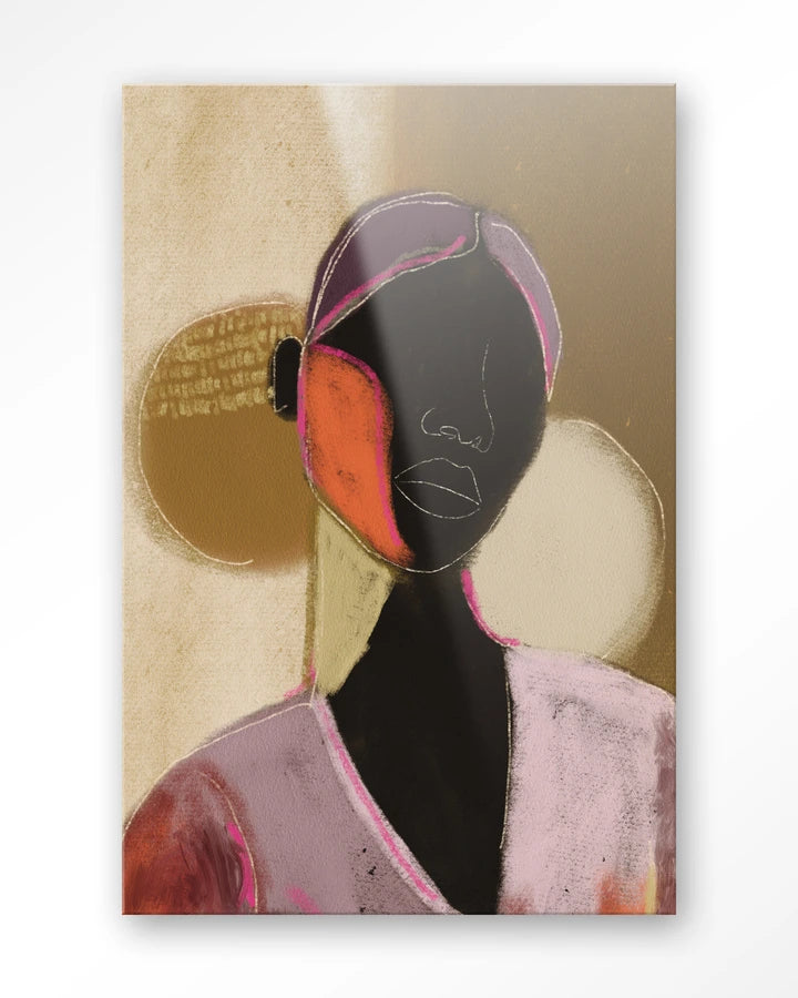 Kunsttrykk på syrefritt papir, lerret og glass. Kvinnelig skikkelse med store fargede flater.