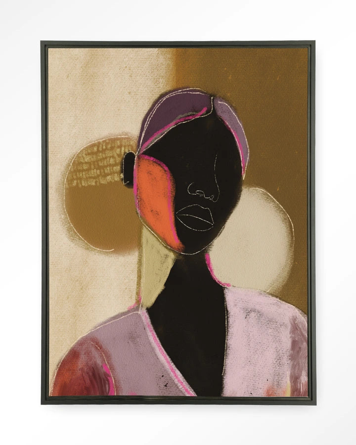 Kunsttrykk på syrefritt papir, lerret og glass. Kvinnelig skikkelse med store fargede flater.