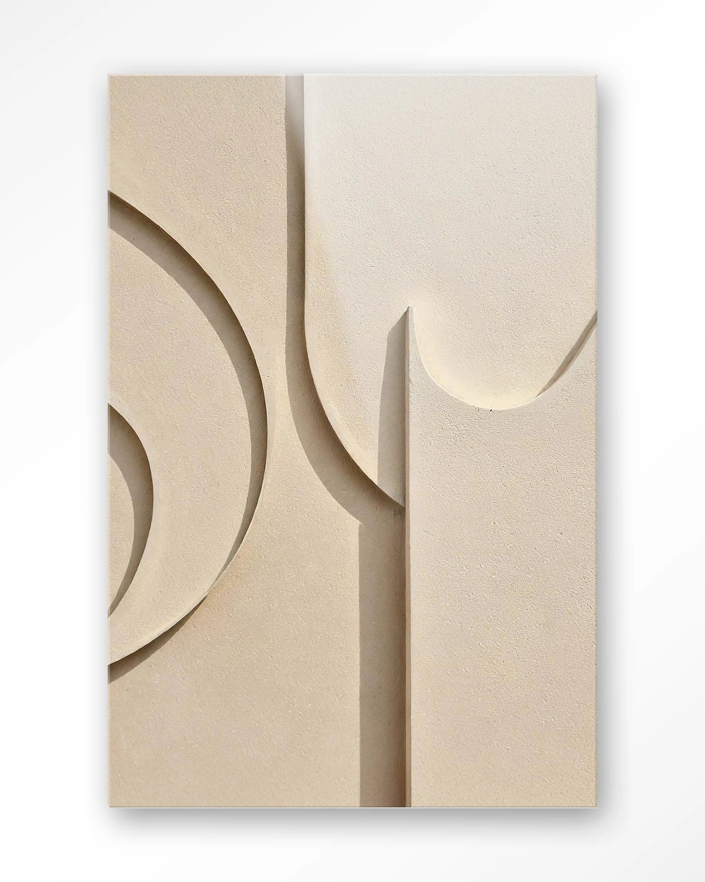 Kunsttrykk på glassplate. Beige farger og gemometriske former.