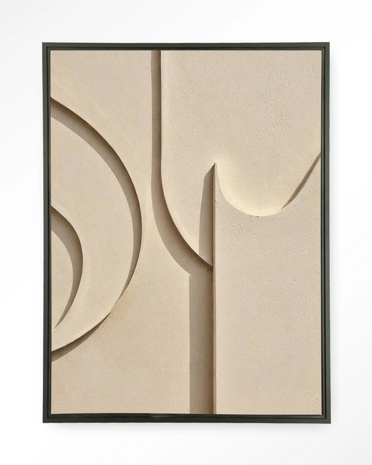 Kunsttrykk på lerret i ramme. Beige farger og gemometriske former.