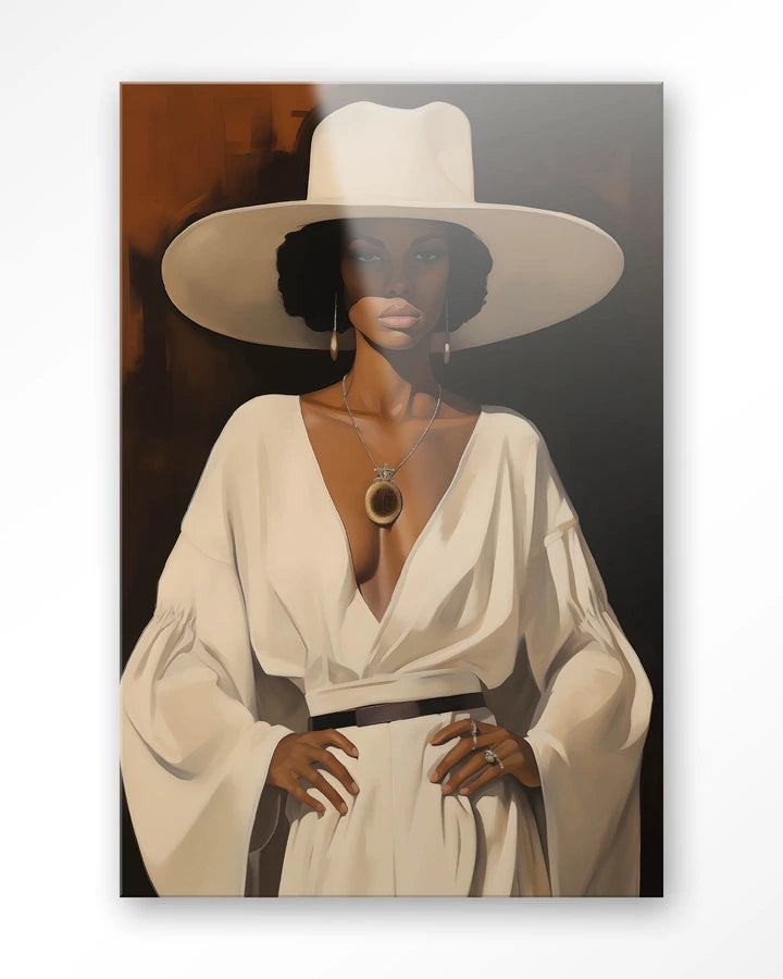 Kunsttrykk på glassplate. Dame med hatt i lyse klær mot bakgrunn i jordtoner