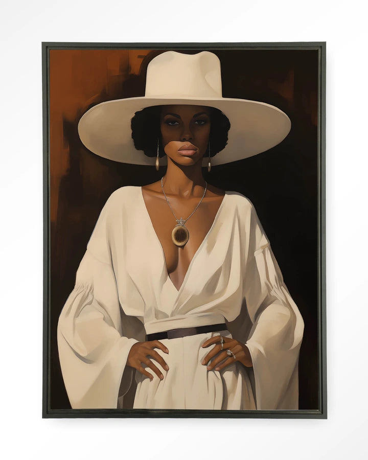 Kunsttrykk på lerret med svart ramme. Dame med hatt i lyse klær mot bakgrunn i jordtoner.