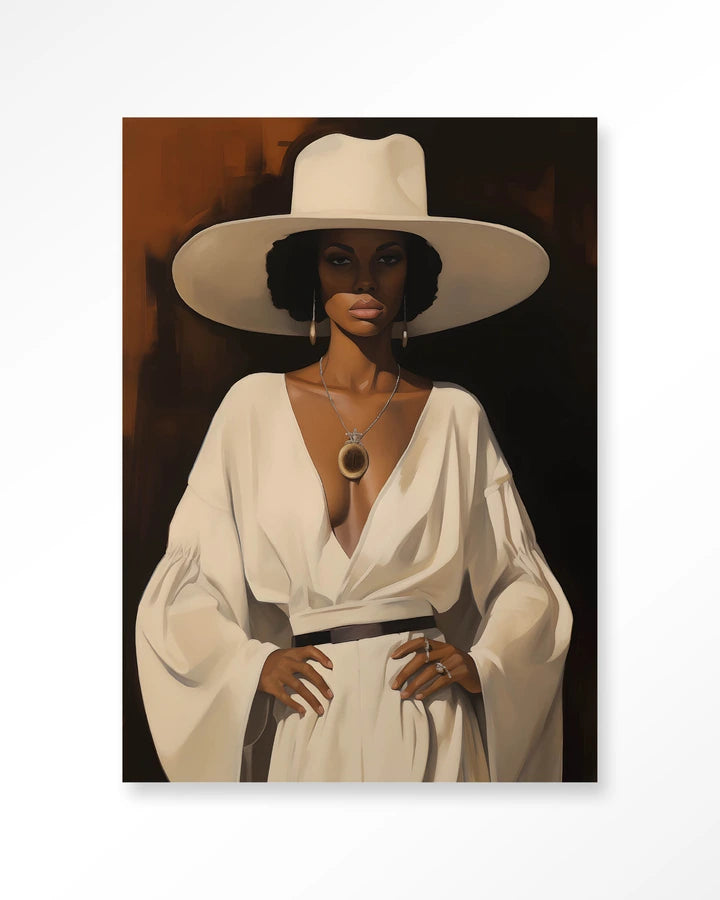 Kunsttrykk på papir. Dame med hatt i lyse klær mot bakgrunn i jordtoner