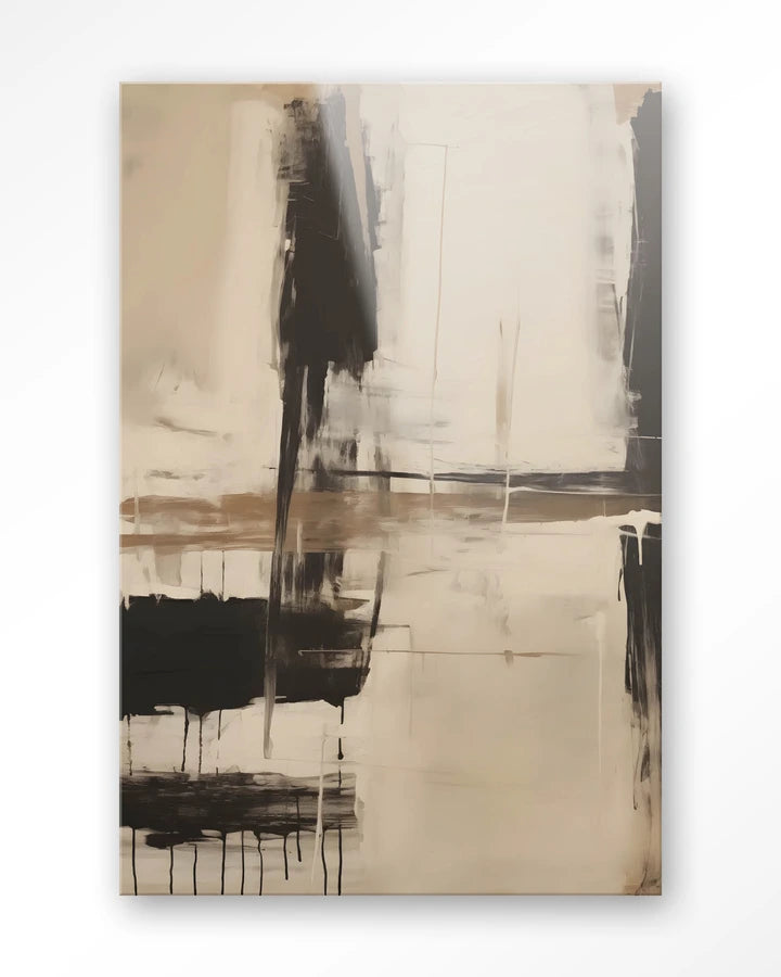 Kunsttrykk på glass. Abstrakt motiv i beige og brune farger.