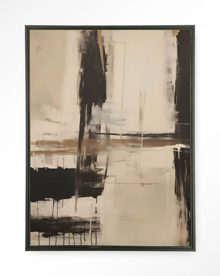 Kunsttrykk på lerret i svart  ramme. Abstrakt motiv i beige og brune farger.