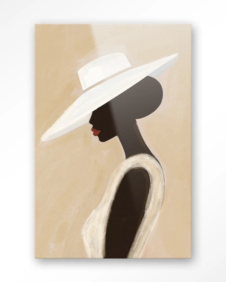 Kunsttrykk på papir, lerret og glass. Bilde av dame med hatt. 