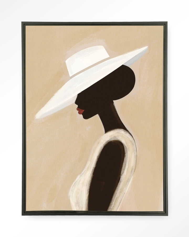 Kunsttrykk på papir, lerret og glass. Bilde av dame med hatt. 