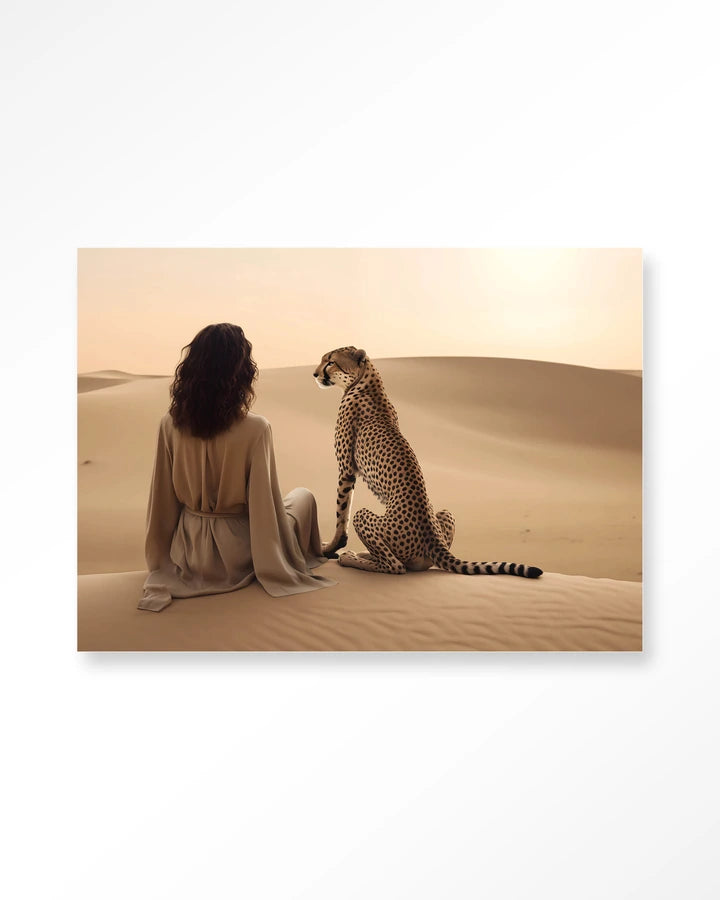 Bildemotiv av  dame sittende iørken ved siden av en leopard. Kunsttrykk på syrefritt papir, lerret og glass.