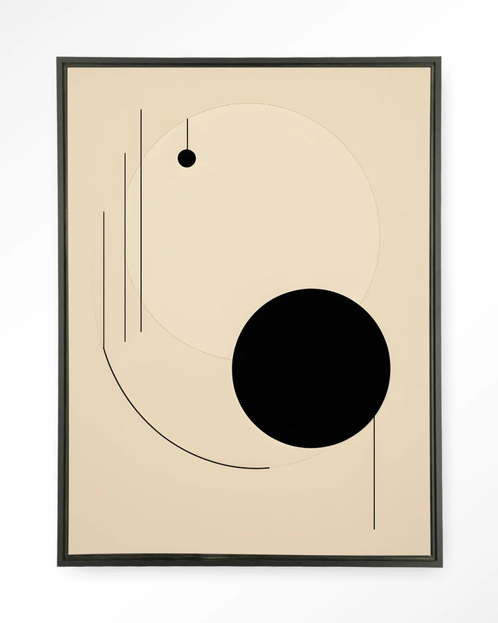 Abstrakt bildemotiv i lyse farger mot sort kontrast. Geometriske former. Kunsttrykk på syrefritt papir, lerret og glass.