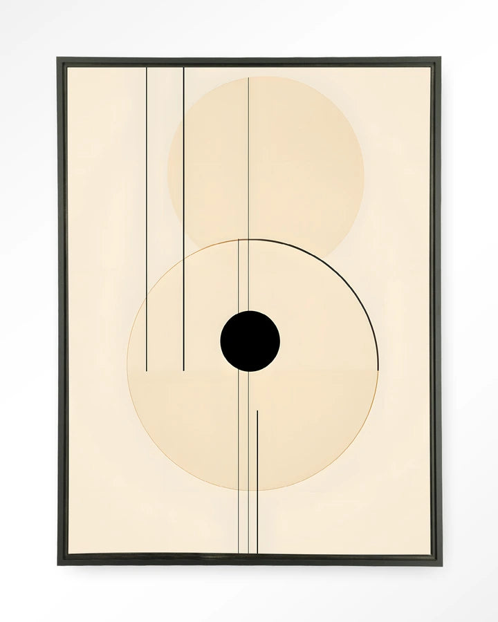 Abstrakt bildemotiv i lyse farger mot sort kontrast. Geometriske former. Kunsttrykk på syrefritt papir, lerret og glass.