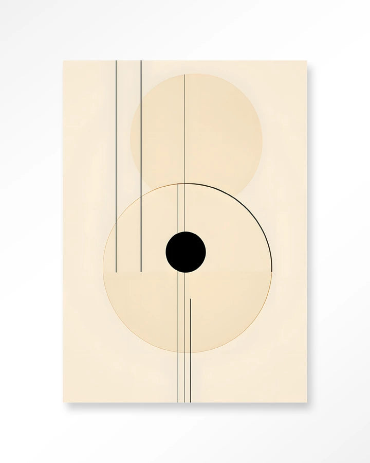 Abstrakt bildemotiv i lyse farger mot sort kontrast. Geometriske former. Kunsttrykk på syrefritt papir, lerret og glass.