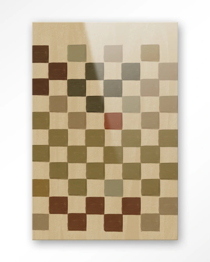 Rutete bildemotiv i sand og jordtoner. Kunsttrykk på syrefritt papir, lerret og glass. Mørkt og litt mystiskt uttrykk.