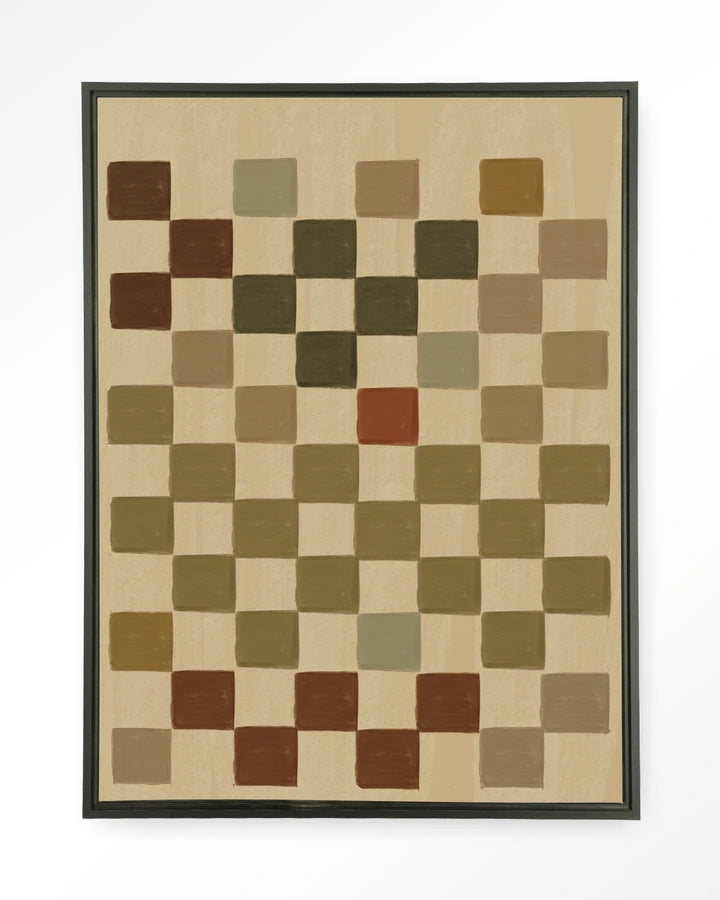 Rutete bildemotiv i sand og jordtoner. Kunsttrykk på syrefritt papir, lerret og glass. Mørkt og litt mystiskt uttrykk.