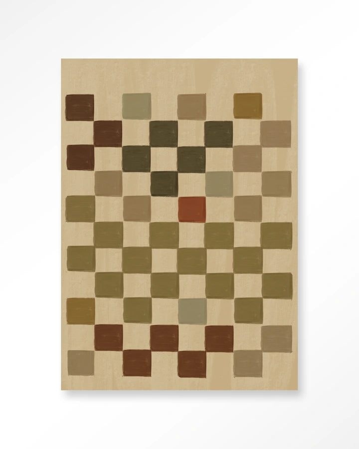 Rutete bildemotiv i sand og jordtoner. Kunsttrykk på syrefritt papir, lerret og glass. Mørkt og litt mystiskt uttrykk.