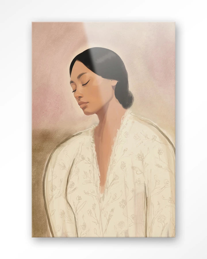 Bildemotiv av dame med mørkt hår i knute. Lyse, sarte fargetoner. Kunsttrykk på syrefritt papir, lerret og glass.