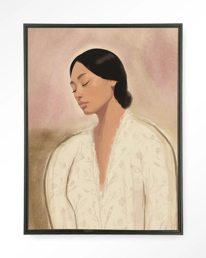 Bildemotiv av dame med mørkt hår i knute. Lyse, sarte fargetoner. Kunsttrykk på syrefritt papir, lerret og glass.