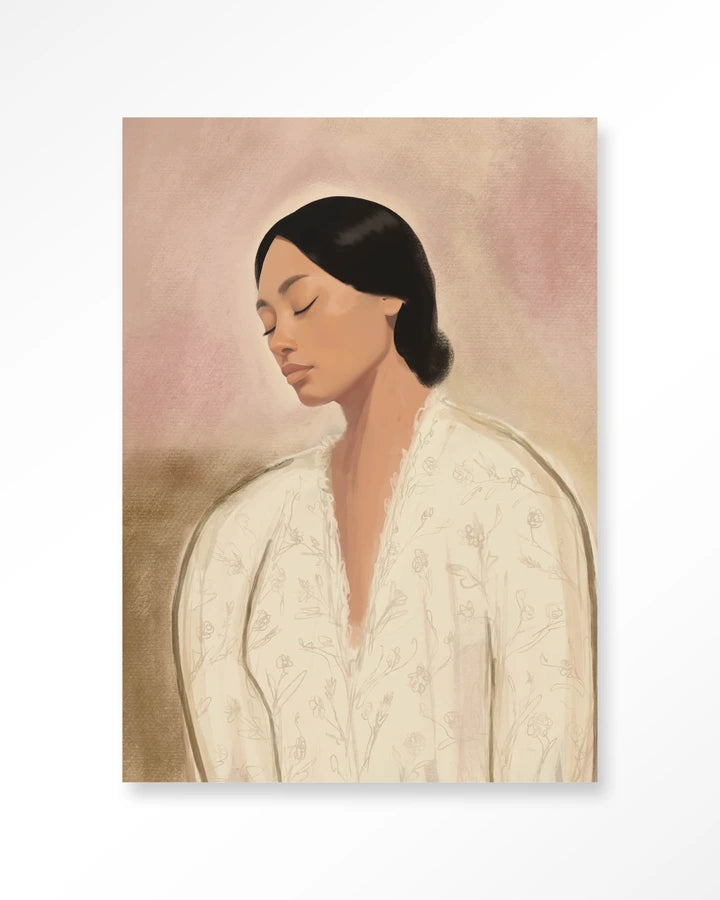 Bildemotiv av dame med mørkt hår i knute. Lyse, sarte fargetoner. Kunsttrykk på syrefritt papir, lerret og glass.