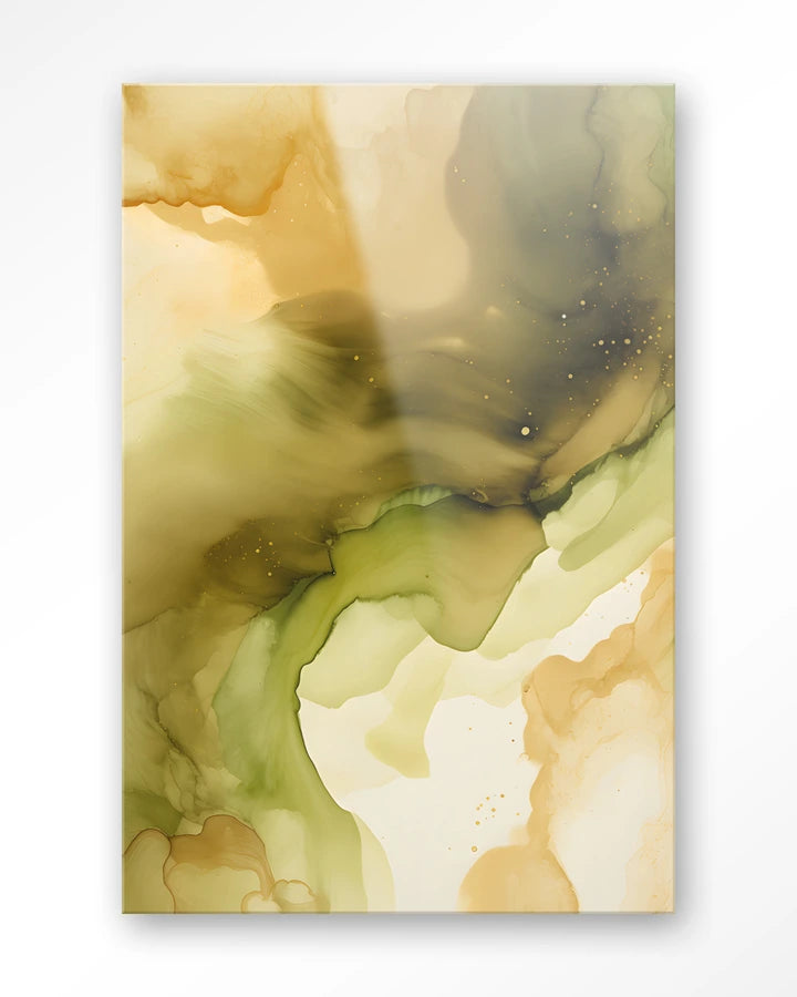 Abstrakt maleri i grønne jordtoner. Kunsttrykk på syrefritt papir, lerret og glass. Mørkt og litt mystiskt uttrykk.