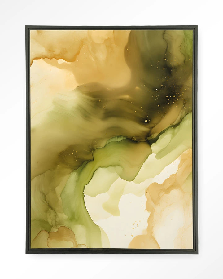 Abstrakt maleri i grønne jordtoner. Kunsttrykk på syrefritt papir, lerret og glass. Mørkt og litt mystiskt uttrykk.