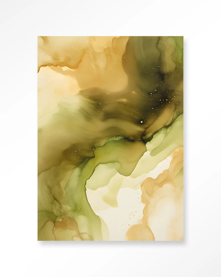 Abstrakt maleri i grønne jordtoner. Kunsttrykk på syrefritt papir, lerret og glass. Mørkt og litt mystiskt uttrykk.