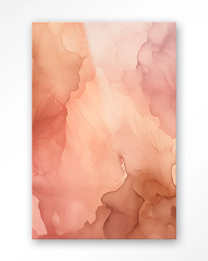 Abstrakt bilde med rosa og brune fargefalter som flyter i hverandre. Kunsttrykk på syrefritt papir, lerret og glass. Mørkt og litt mystiskt uttrykk.