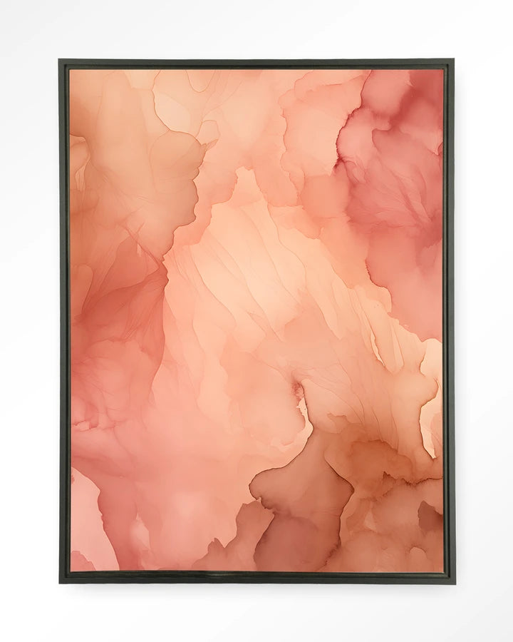 Abstrakt bilde med rosa og brune fargefalter som flyter i hverandre. Kunsttrykk på syrefritt papir, lerret og glass. Mørkt og litt mystiskt uttrykk.