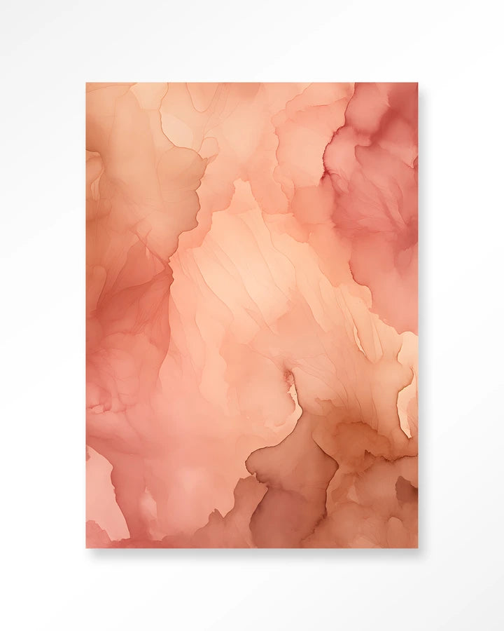 Abstrakt bilde med rosa og brune fargefalter som flyter i hverandre. Kunsttrykk på syrefritt papir, lerret og glass. Mørkt og litt mystiskt uttrykk.