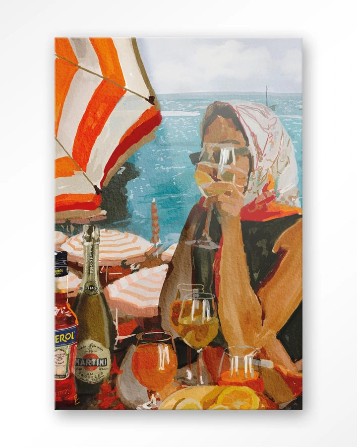 Maleri avdame med skaut under en parasoll. Kunsttrykk på syrefritt papir, lerret og glass. Mørkt og litt mystiskt uttrykk.