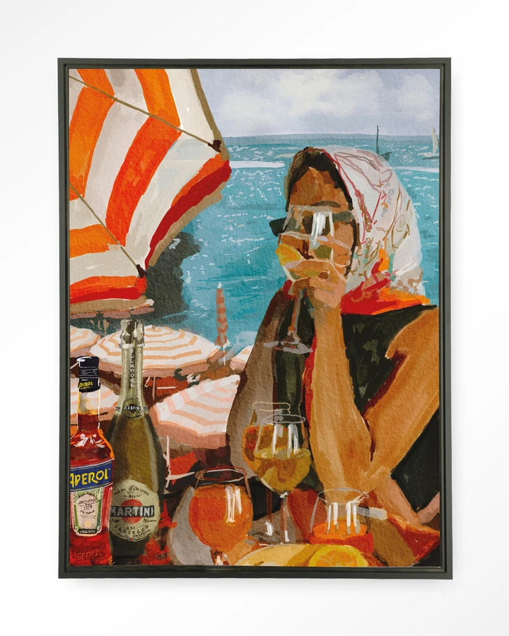 Maleri avdame med skaut under en parasoll. Kunsttrykk på syrefritt papir, lerret og glass. Mørkt og litt mystiskt uttrykk.