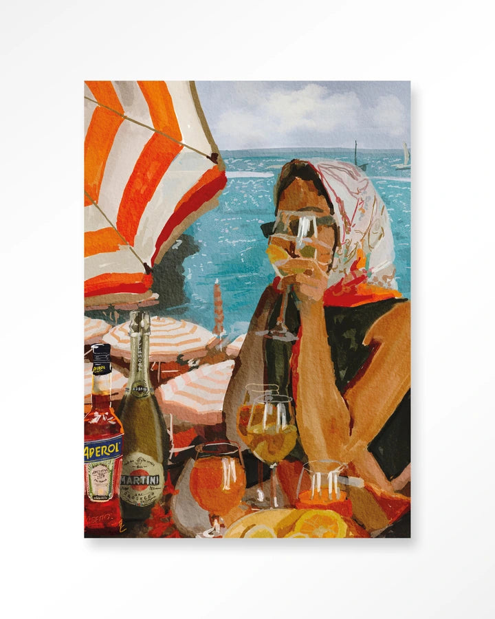 Maleri avdame med skaut under en parasoll. Kunsttrykk på syrefritt papir, lerret og glass. Mørkt og litt mystiskt uttrykk.