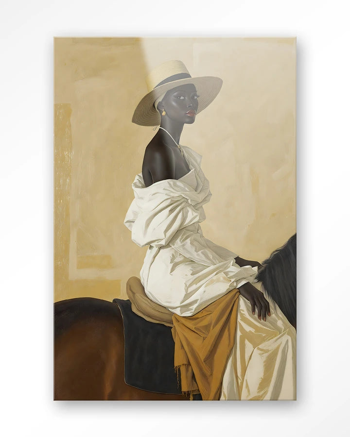 Bildemotiv av damen i hatt ridende på hesterygg.  Kunsttrykk på syrefritt papir, lerret og glass.