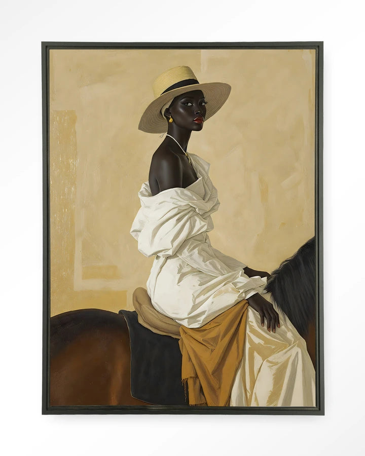 Bildemotiv av damen i hatt ridende på hesterygg.  Kunsttrykk på syrefritt papir, lerret og glass.